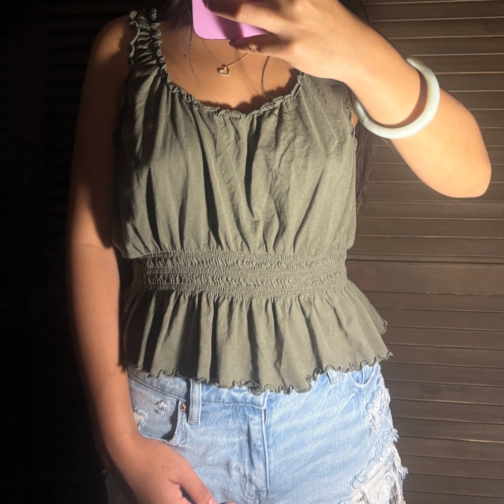 Olive Green Ruffled Peplum Top